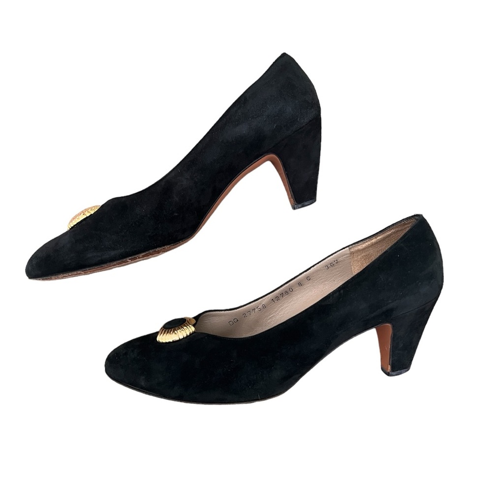 Ferragamo Black Velvet Heels Block 8C Women’s Gold Luxury Point Toe Saks
